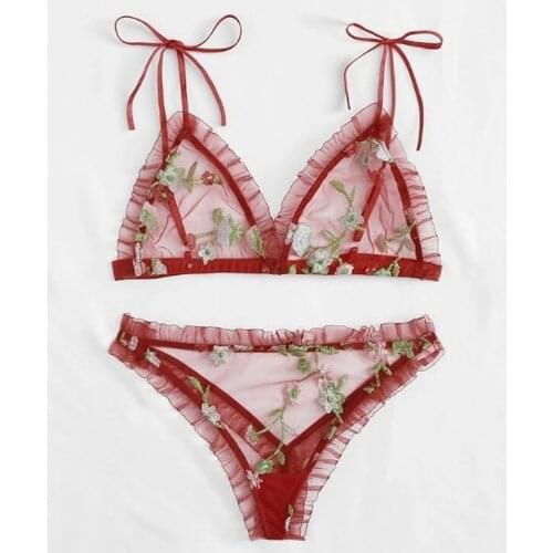 New Fashion Women Sexy Lingerie Flower Lace Underwear Set Polka Dot Sheer Mesh Bra Suit G-String Thong Female Exotic Sleepwear