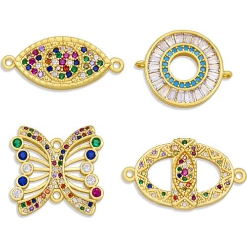 OCESRIO Designer 18K Gold Plated Brass CZ Evil Eye Charms for Bracelets Making Butterfly Connector Charms Double Hole chma044