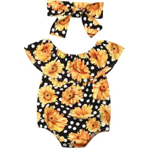 Baby Clothes 2019 Newborn Toddler Baby Girls Sunflower Sleeveless Bodysuit Headband Outfit Set Clothes
