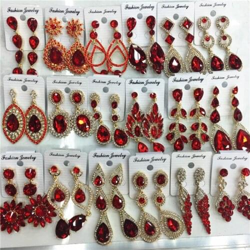 Wholesale 12 Pairs /Lots Wedding Bridal Statement Red Crystal Earrings for Women Rhinestone Drop Dangle Earrings Fashion Jewelry