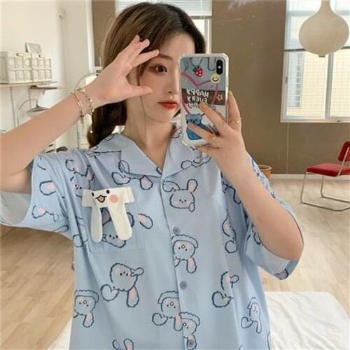 Women Pajamas Japanese Two Piece Set Summer Sleepwear Girls Kawaii Print Lapel Home Suit Korean Sweet Pijamas Loose Soft Pyjamas