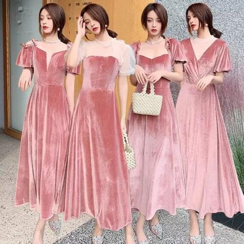 Bridesmaids Dresses Vintage Short V-Neck Pearls Floor-Length Off The Shoulder Luxury Soybean Pink Women Wedding Party Gown E598