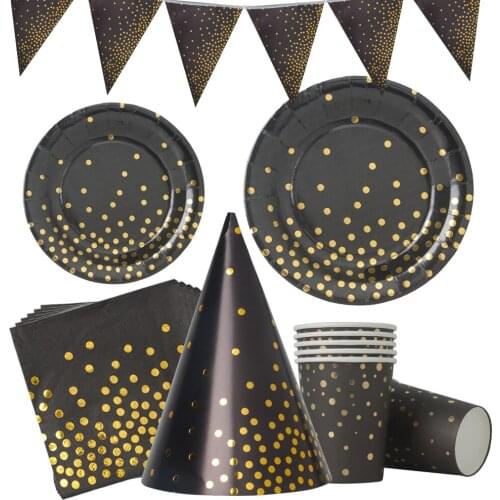 Birthday Supplies Confetti Party Paper Cups Black Gold Foil Adult Decorations Disposable Paper Plate Set Anniversary Decoration