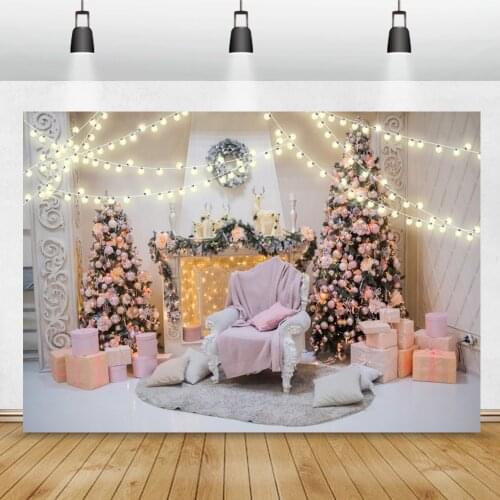 Christmas Backdrop For Photography Pine Tree Gifts Fireplace Sofa Glitter Light Bumbs Scene Family Shoot Party Photo Background