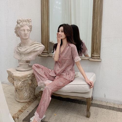 Silk Pajamas Leopard Lace Satin Pajamas for Women Short Sleeve Long Pants Womens Home Wear Summer Sleepwear