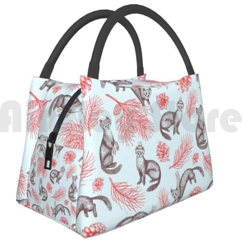 Cooler Lunch Bag Picnic Bag Pine Martens In Pine Forest ( Light Blue Background ) European Pine Marten Pine