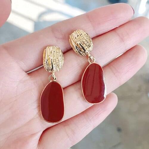 Simple style Vintage Retro Red Golden Metal Drop Earrings for women girls fashion jewelry Cute delicate elegant Drop Earrings