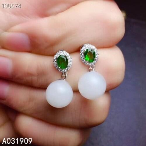 KJJEAXCMY boutique jewelry 925 sterling silver inlaid Natural White jade Diopside Fine Womens earrings support detection