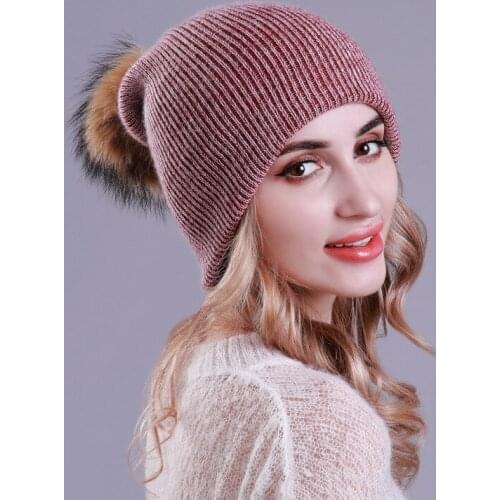 Women Slouchy Hat Winter Knit Beanie Scarf Two Function Wool Raccoon Fur Pompom Headwear Outdoor Skiing Snow Accessory Teenagers
