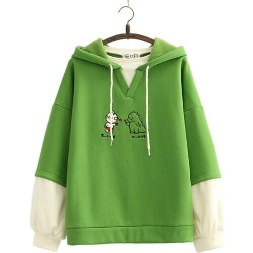 Harajuku Cartoon Embroidery Patchwork Hooded Sweatshirt Women 2020 Winter Long Sleeve Sweet Style Teen Girls Cute Hoodies Top
