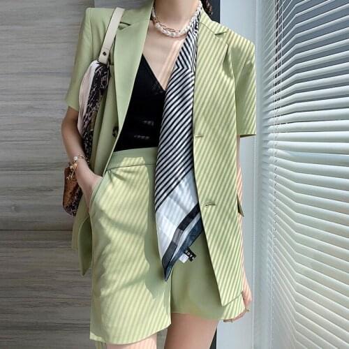 2021 Summer Women Blazer Two peices Sets Chic Short Sleeve Suit Tops High Waist Wide-leg Shorts Ladies Formal Suit Solid