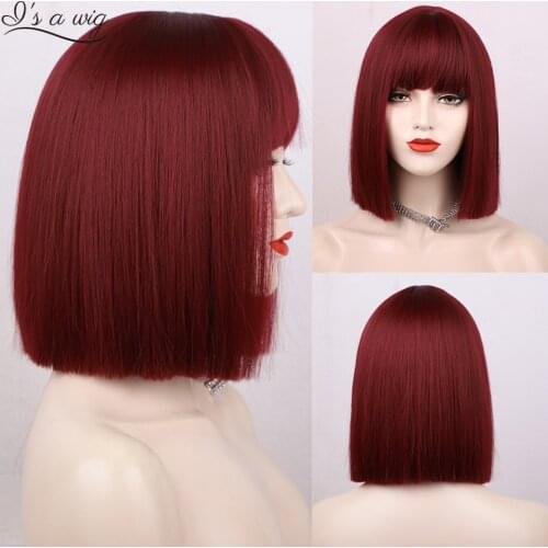 Is a wig Synthetic Bob Wigs Short Straight Red Wigs with Bangs for Women Black Pink Purple Brown Cosplay Hair for Party Daily