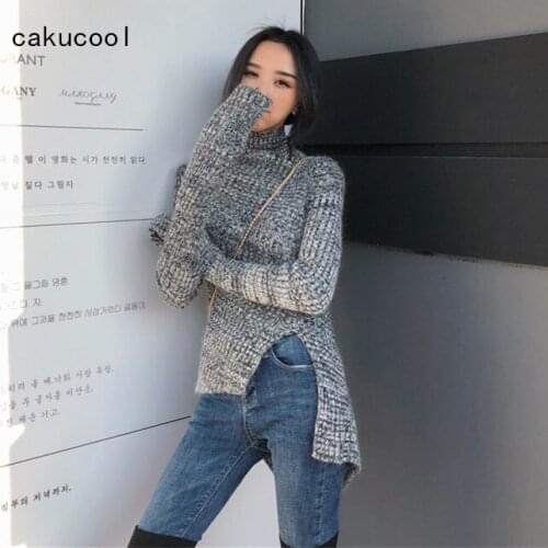 Cakucool New Grey Sweater Women Turtleneck Long Sleeve Asymmetric Design Jumpers Slim Slit Korean Sweater Knit Pull Hiver Femme