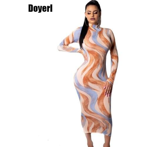 Autumn Winter High Neck Long Sleeve Bodycon Dress Women Slim Elastic Printed Midi Party Dresses Elegant Sexy Bandage Dresses