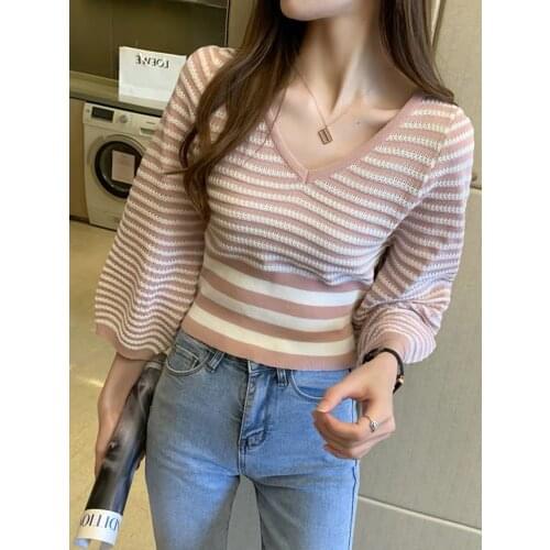Striped T-shirt womens 2021 spring dress new slim Lantern Sleeve short V-Neck long sleeve top