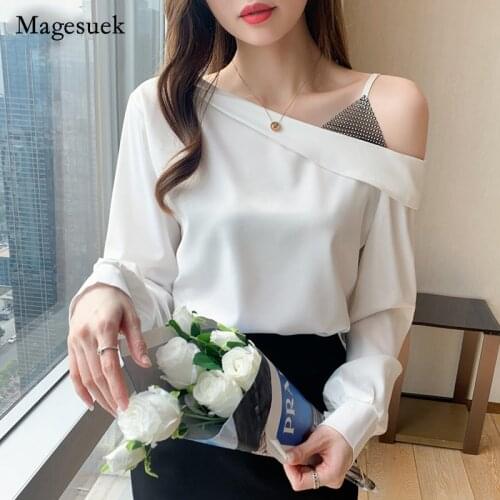 2021 Fashion Off-the-shoulder Loose Women Shirts White Women Blouses Long-sleeve Satin Casual Ladies Tops Blusas Mujer 15066