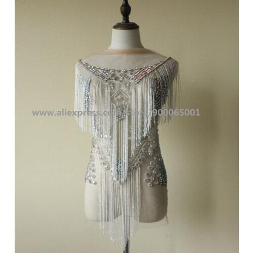 Large Size Waterfall dangling AB crystal Beaded Rhinestone Applique, Fringe Chain Rhinestone Applique, Fringe Bodice Applique