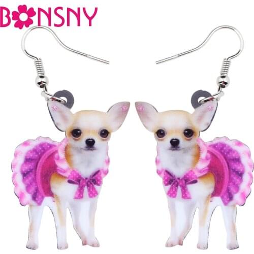 Bonsny Statement Acrylic Cute Pink Dress Chihuahua Dog Earrings Long Big Drop Dangle Animal Fashion Jewelry For Women Girls Gift