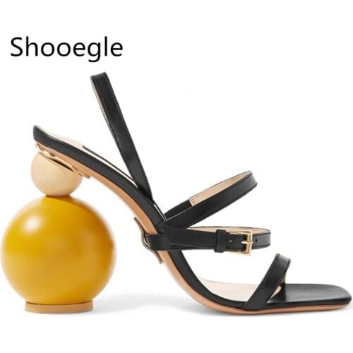Summer Fashion leather asymmetric high-heeled women sandals slingback thin belt buckle ball type block shaped with Roman sandals