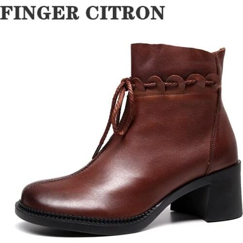 Finger Citron Women Anckle Boots Genuine Cow Leather For Spring And Autumn Soft Round Toe Rubber Outsole By Handmade Size 35-40
