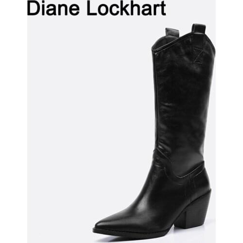 Brand Designer Faux Leather Women Knee High Boots western cowboy Wedge Pointed toe Boots Woman Long Chunky High Heel Botas Mujer