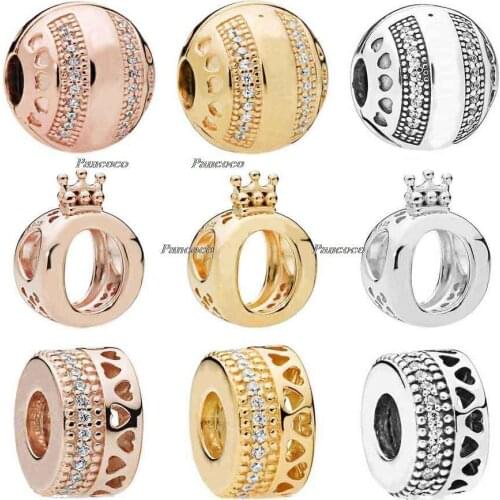 925 Sterling Silver Charm Gold Sparkling Stripes Logo Hearts Clip Beads Fit Pandora Bracelet & Necklace Jewelry