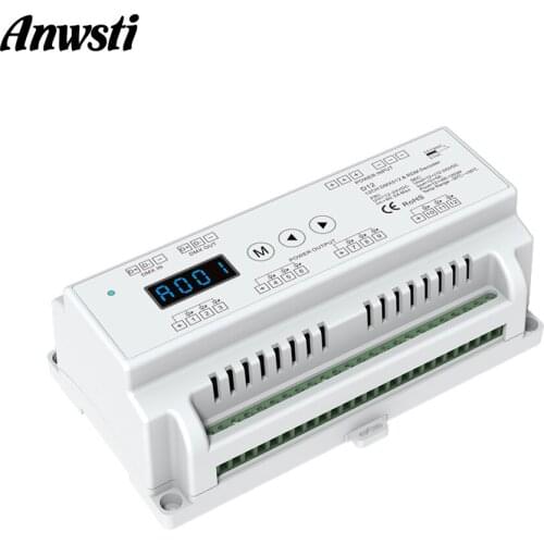 DMX512 Decoder 12 Channel Constant Voltage DC 12V 24V with Display Din Rail Mounted 12CH CV PWM Decoder for Setting DMX Address