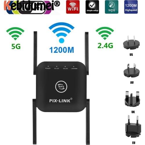 Kebidumei 2.4/5Ghz Dual Band Repeater 1200Mbps Wireless WiFi Range Extender Long Range Signal Booster with 4 Ethernet Antennas