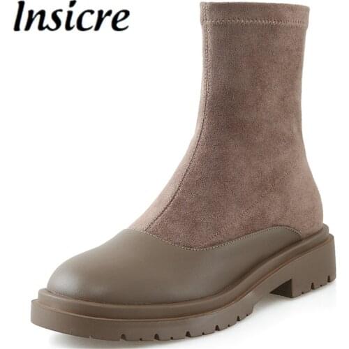 Insicre 2021 New Arrival Autumn Ankle Boots Comfortable Thick Heel Women Zipper Fashion Round Toe Patchwork Casual Shoes