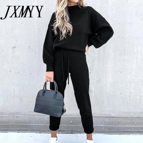 JXMYY 2021 Autumn And Winter Fashion New Products Womens Sweater Suit High Collar Casual Solid Color Trousers Two-Piece Suit