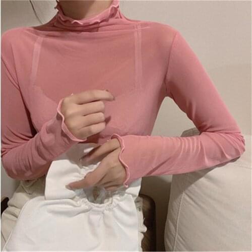 Korean Women Fashion Comfortable Tees Tops Spring Autumn Basic Turtleneck Long Sleeve Slim Stretch Blouse Female Casual Top