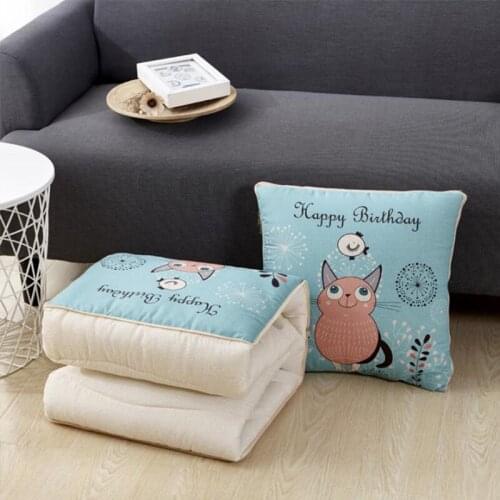 Multifunctional Creative Cartoon Pillow Quilt Printed Flax Style Linen Plush Pillow Blanket Car Decoration Back Cushion 40*40