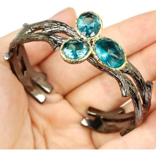 26x24mm Neo-Gothic Vintage Created Amethyst London Blue Topaz Smokey Quartz Black Metal Silver Cuff Bangle Bracelet 6.5-7.0"