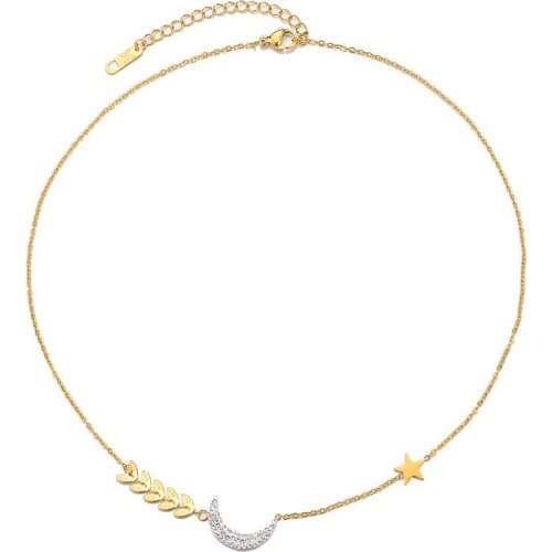 New Fashion Zircon Moon Star Wheat Gold Color Necklace Temperament Stainless Steel Jewelry For Woman Gift Not Fade Drop Shipping