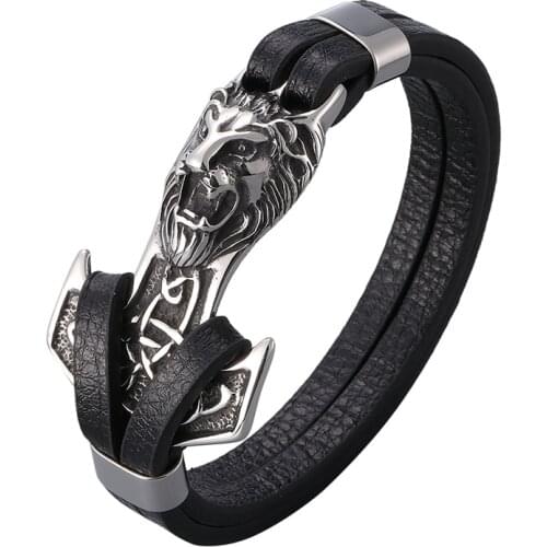 New Mens Bracelets Leo Lion Stainless Steel Anchor Shackles Black Leather Bracelet Male Wristband Fashion Jewelry Gift PD1022