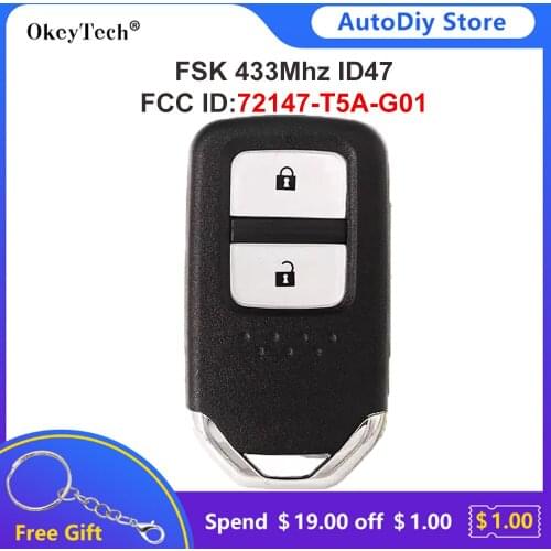 Okeytech High Quality FSK 433Mhz Smart Remote Control Key ID47 For Honda Fit City Jazz XRV Venzel HRV Keyless Fob 72147-T5A-G01