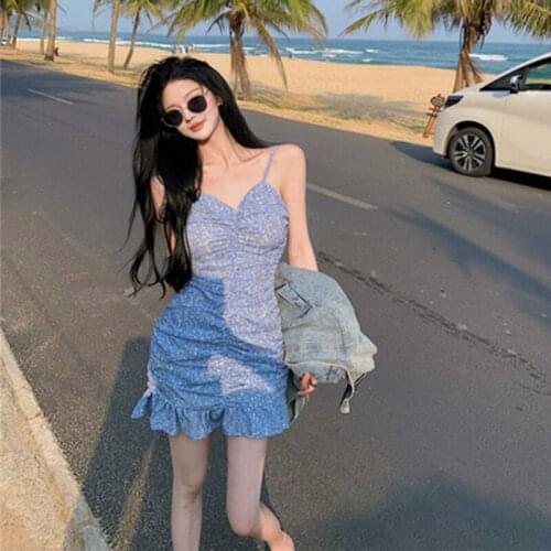 Floral Suspender Dress Womens 2021 Summer New V Neck Pleated Sexy Fishtail Dress Temperament Beach Club Party Lady Mini Dress