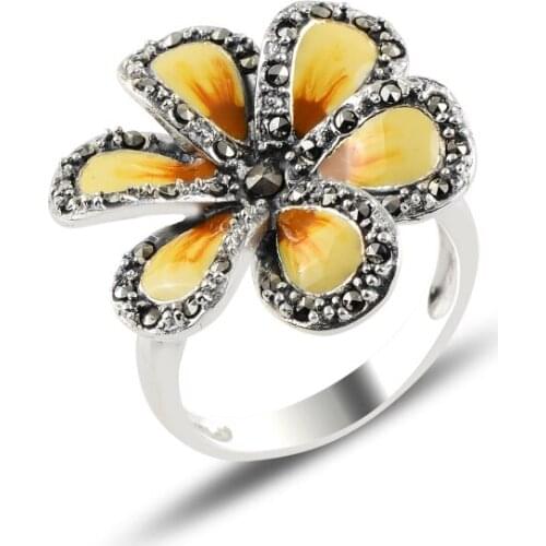 Silver 925 Sterling Flower Enamel & Marcasite Ring
