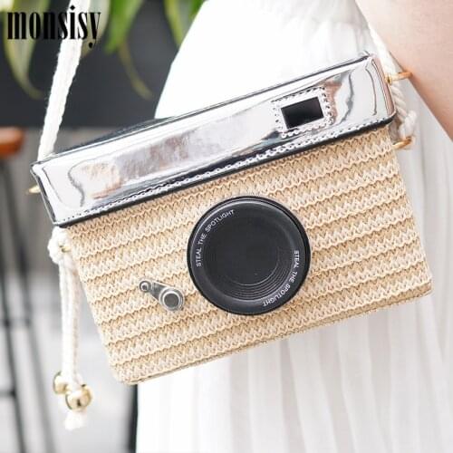 Monsisy 2021 Women Bag Straw Shoulder Bag Fashion Straw Camera Bag Fashion Lady PU Cover Woven Square Crossbody Bag Beach Bolsa