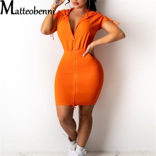 2021 Summer Fashion New Sexy Mid-Waist Solid Color Bandage Zipper Hooded Women Dress Ladies Casual V-Neck Short-Sleeve Dresses