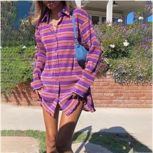 HGTE 2021 Striple Print Shirt Dress Women Oversized Mini Long Purple Sleeve Spring Summer Y2K V Neck Casual Dresses