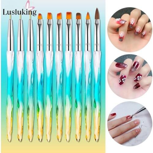 10Pcs Nail Art Light Therapy Line Tools Pull Line Carved Crystal Transparent Pen Set Colored Painted Pens Gradient Brushes