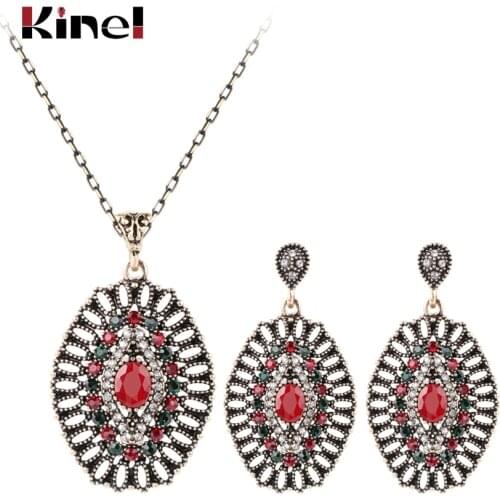 Kinel 2Pcs Vintage Wedding Jewelry Sets Fashion Antique Gold Crystal Red Necklace And Earrings For Women Jewelry Wholesale