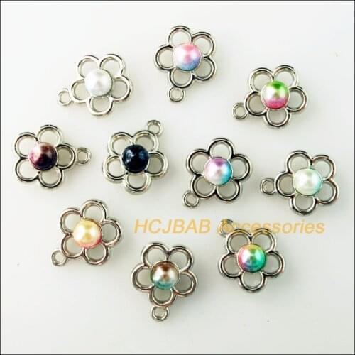 30Pcs Dull Silver Plated Flower Colored Acrylic Charms Star Pendants 14.5x17mm