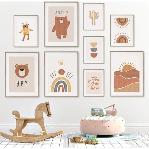 Abstract Landscape Bear Cactus Sun Rainbow Boho Nursery Posters And Prints Wall Art Canvas Painting Wall Pictures Baby Kids Room