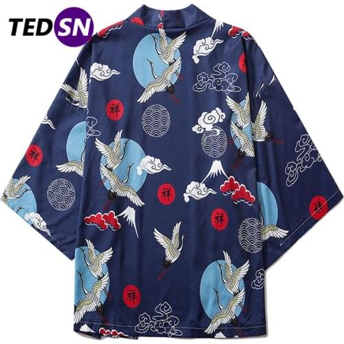 Aelfric Eden Group Crane Print Kimono Shirts Jacket 2020 Hip Hop Japanese Streetwear Jackets Thin Hip Hop Kimono Front Open Tops