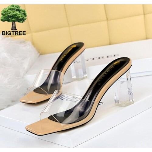 BIGTREE Summer Clear Sandals Women Shoes Mules Slides Peep Toe Transparent Pvc Square High Heels Female Shoe Casual Square Heel