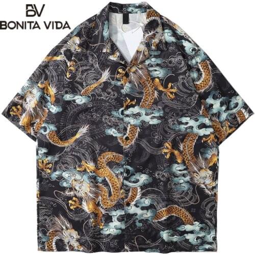 Bonita Vida Hawaiian Dragon Animal Print Shirts Top For Men Summer Casual Harajuku Hip Hop Beach Short Sleeve Bluouse