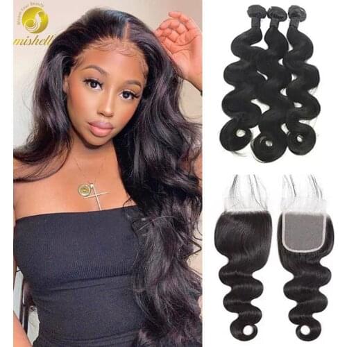 Mishell 10 A Brazilian Hair Weave Bundles With Closure 3 Bundles with Closure Remy Human Hair Extension