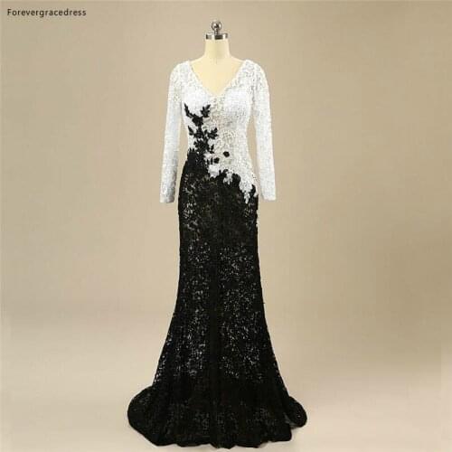 Black And White Evening Dress High Quality Lace V Neck Long Sleeves Women Party Gown